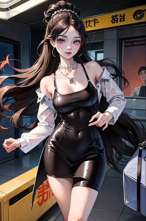 (Best quality, 8k, masterpiece), (a pretty girl, pure black long hair, princess cut, Hime hairstyle, hair edges are neat, big eyes: 1.2, long eyelashes, delicate makeup: 1.2, blush), (delicate watch, delicate necklace, large earrings), (caught in the subwa...