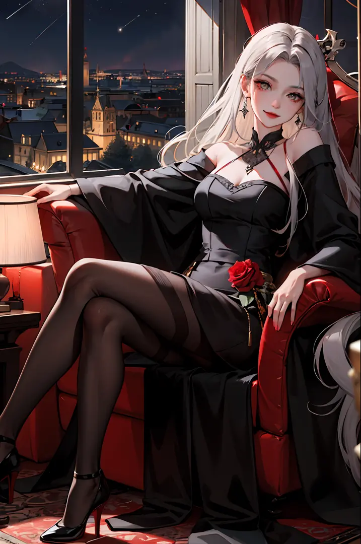 (The Masterpiece:1.2, Need), (realphoto, Crafted with great care), 独奏, 1lady,gray haired,slong hair,Red pupils,The vampire,Countess,Evil smiled,Black pantyhose,High-heeledshoes,Castle,midnight