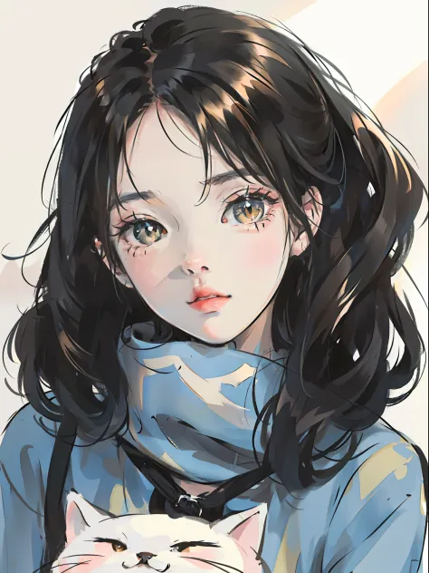 Close-up of the face·，A cat and a girl with short black hair，Cute and agile，illustration