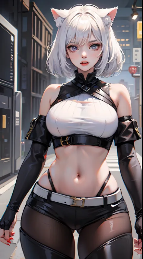 Adult woman, short white hair, cat ears, violet eyes, White superhero uniform, Sleeveless, open belly, t shirt, breeches, claws, anger, Masterpiece, hiquality