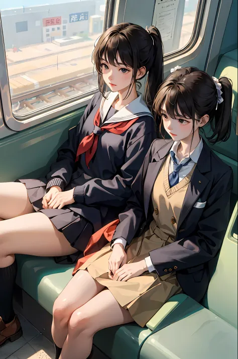 (​masterpiece:1.2、top-quality)、(Authentic images、intricate-detail)、独奏、Female 1 Person、schools、student clothes、Sitting in a seat on a train、Commuting to school