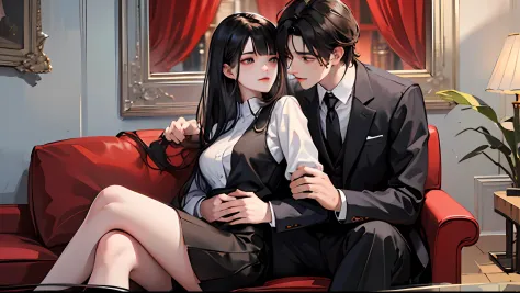 A woman with black long hair, no bangs, wear white shirt, black vest and black skirt sit on a man’s laps. A man with short black hair, forehead hair, double bangs, wear black suit wrapped around a woman’s waist, no looking at view, in sofa, full body, 4k, ...
