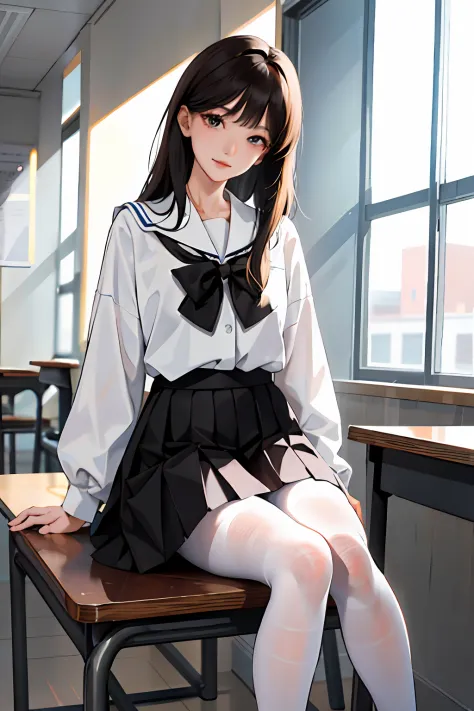 (tmasterpiece:1.2, Need), (Realphotos, Crafted with meticulous precision), 独奏, 1lady, Japanese school uniform，white  shirt+a black pleated skirt, long whitr hair，Brunette hair，Black pantyhose，‎Classroom，（feet focus:1.2）