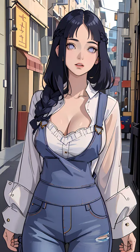 tmasterpiece， best qualityer， ultra - detailed， illustration，1girll，
long whitr hair，dark-blue hair，french braid，Purple eye，bluntbangs，cleavage，Large breasts
shirt，（jeans overalls：1.1），
mideum breasts， 
looking at viewert，hyouka/（Boruto/），Detailed lips