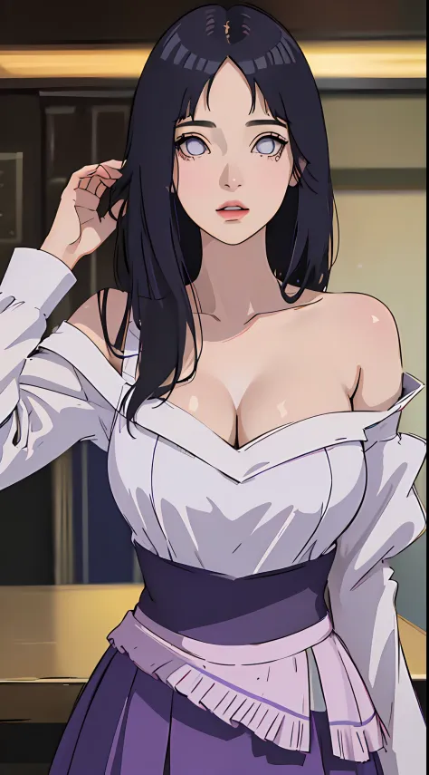 tmasterpiece， best qualityer， ultra - detailed， illustration，1girll，brunette
hair，dark-blue hair，White eyes，bluntbangs，cleavage，Large of breast，Dress off-the-shoulder
shirt，（Purple skirt：1.1）
looking at viewert，hyouka/（Boruto/），Detailed lips