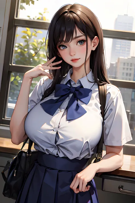 (masterpiece:1.2, best quality), (real picture, intricate details), solo, 1lady, school, school uniform, big tits