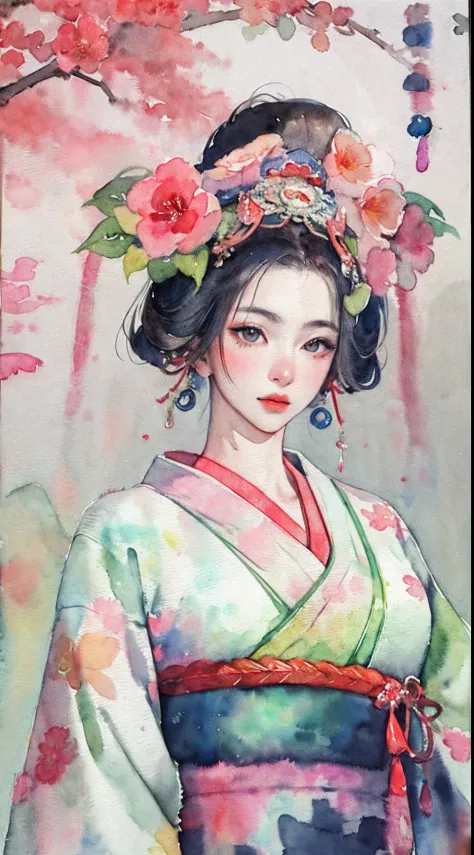 (masterpiece:1.2, best quality), (very detailed face, real picture, realistic skin, realistic body, intricate details), solo, 1milf, casual,ukiyo-e, (Watercolor:1.3), Oiran,