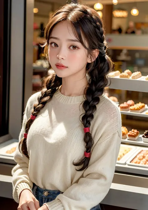 (8k, RAW photo, highly sensitive,  photorealistic:1.25) , kr-pny, twin braids, parted bangs, 1girl, A girl enjoys shopping while looking at the sparkling show window, extremely detailed hair, intricate detail, masterpiece, best quality, <lora:koreanPonytai...