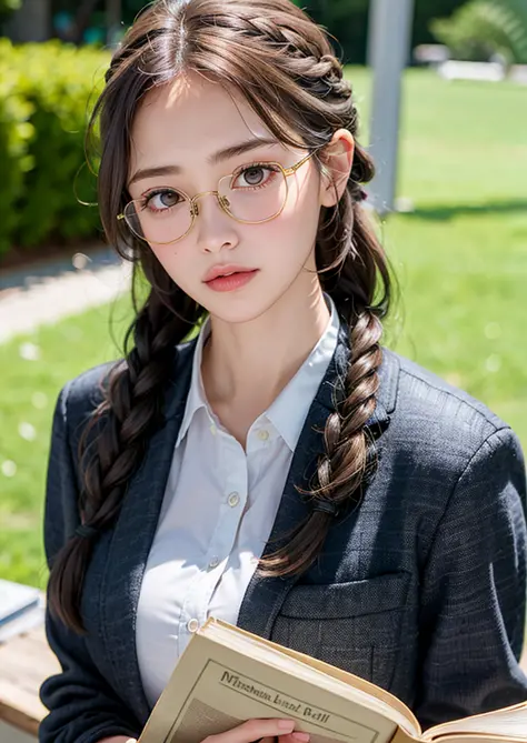 (8k, RAW photo, highly sensitive, best quality, extremely detailed hair, masterpiece, ultra high res,  photorealistic:1.25) kr-pny, thin rimmed glasses, the front, twin braids, parted bangs, 1girl, school uniform, dark grey open jacket, dark grey blazer, p...
