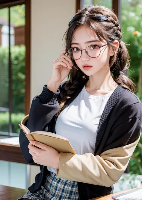 (8k, RAW photo, highly sensitive, best quality, extremely detailed hair, masterpiece, ultra high res,  photorealistic:1.25) kr-pny, thin rimmed glasses, the front, twin braids, parted bangs, 1girl, school uniform, dark grey open jacket, dark grey blazer, p...