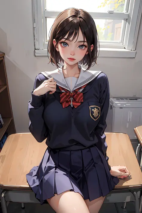 (masterpiece:1.2, best quality), (real picture, intricate details), solo, 1lady, school, school uniform, big tits